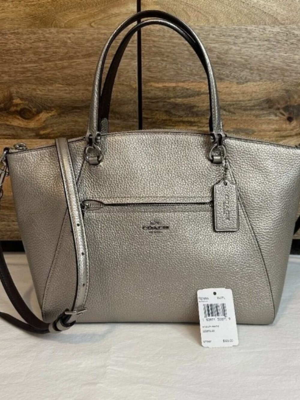 COACH Metallic Leather Prairie Satchel Platinum 87686 Convertible Crossbody $328